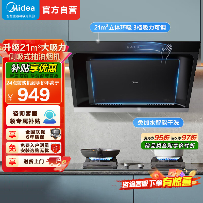 美的家用厨房21立方侧吸式油烟机大吸力CXW-260-JP32