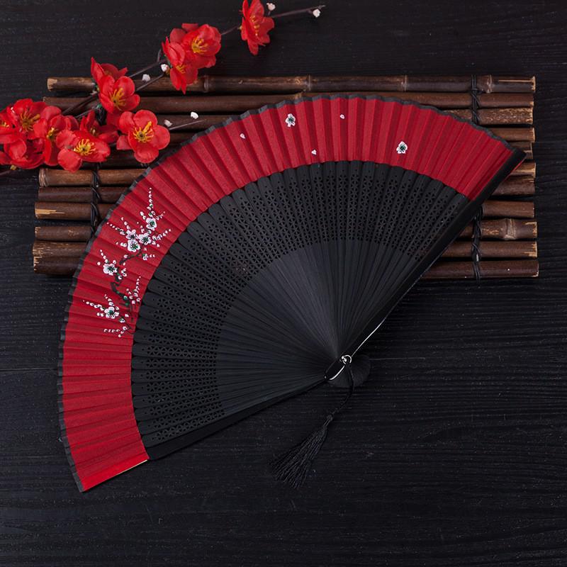 头青舞蹈专用扇子黑色折扇中国古风扇子女梅花纯黑jk全竹蕾丝骨扇 三维工匠 头青舞蹈专用-红边黑面-手绘梅花高清大图