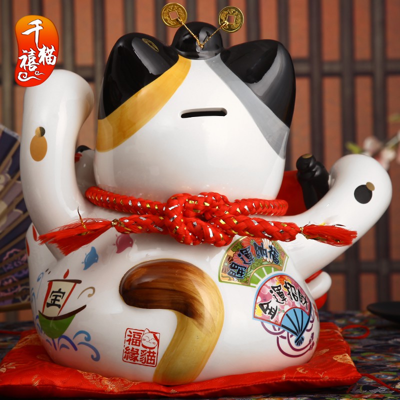 正版猫摆件 大号八方进财店铺开业礼品陶瓷存钱储蓄罐财神猫 三维工匠 13寸八方纳财摇手款猫高清大图