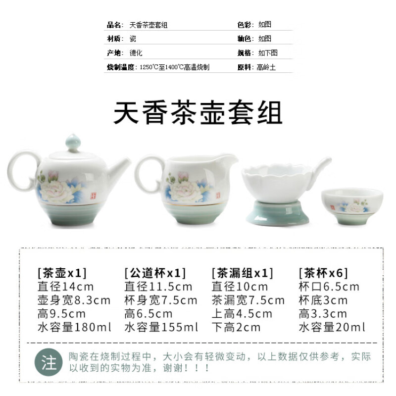 苏氏陶瓷(SUSHI CERAMICS) J0019 天香茶壶套组(一壶七杯一茶漏组) 十件套 (单位:盒)高清大图