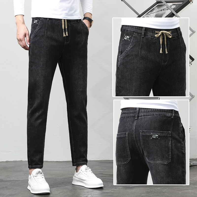 大码男装秋冬新款潮牌棉质弹力修身时尚加肥加大松紧腰男士牛仔裤 308黑灰 XXL（160斤）
