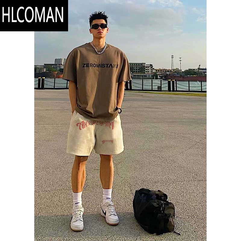 HLCOMAN美式街头宽松篮球运动短裤男款夏季潮牌字母印花抽绳休闲五分裤子