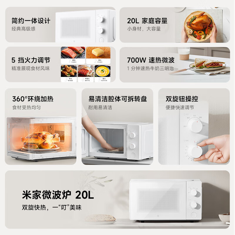 [政府补贴15%]小米米家微波炉20L家用小型快捷360°转盘式大火力均匀加热5档火力调节双旋钮解冻多功能菜单大容量高清大图