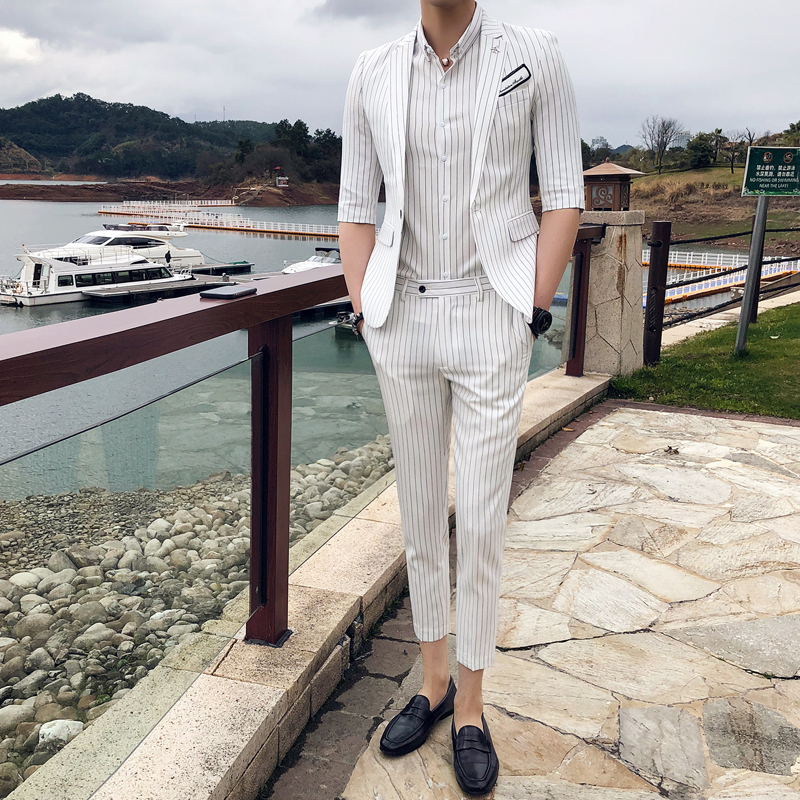 夏新款英伦条纹西服套装男青年休闲小西装修身型师气质中袖西服
