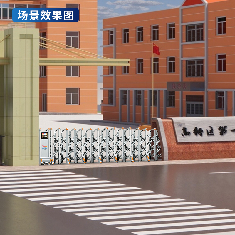 CJ-SSM018智能不锈钢伸缩门学校小区工厂电动大门推拉门商业办公大门酒店家具电动门高清大图
