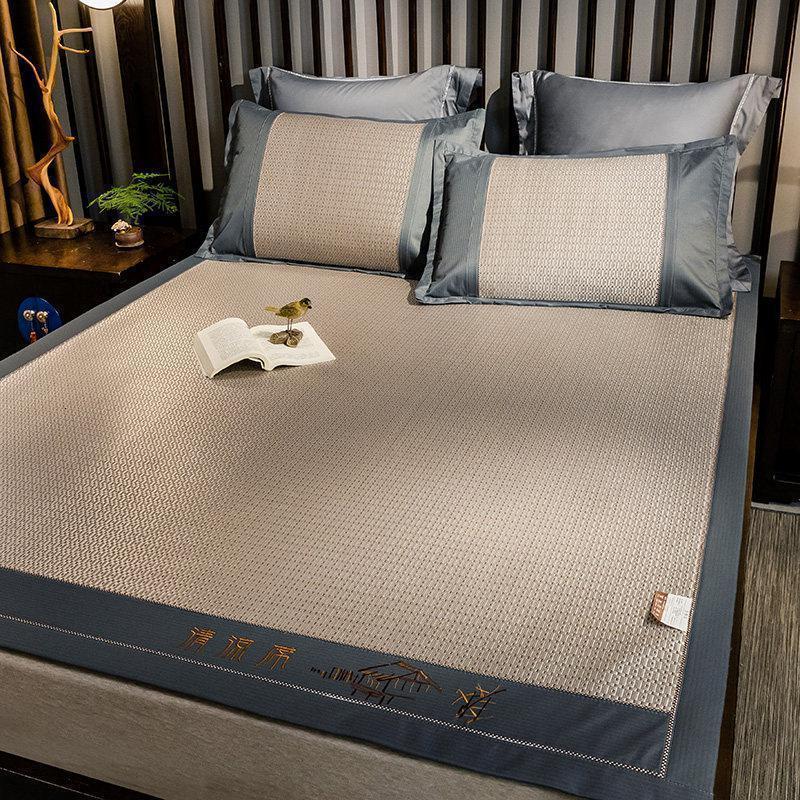 美帮汇凉席1.5米1.8m床单人藤席夏季冰丝软席子可折叠夏凉席三件套2米 全季绣花藤席(若兮-烟灰) 0.9m床