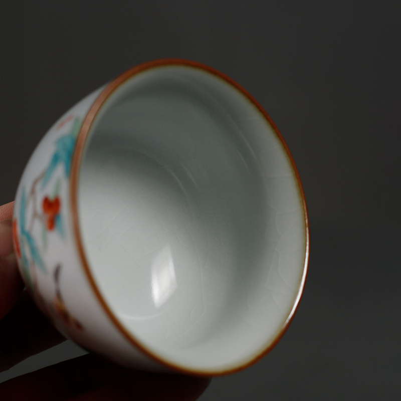 汝窑柿子功夫茶具茶杯子主人杯单杯女开片品茗杯单个汝瓷茶碗陶瓷 三维工匠 新款汝窑禅香杯-春华秋实高清大图