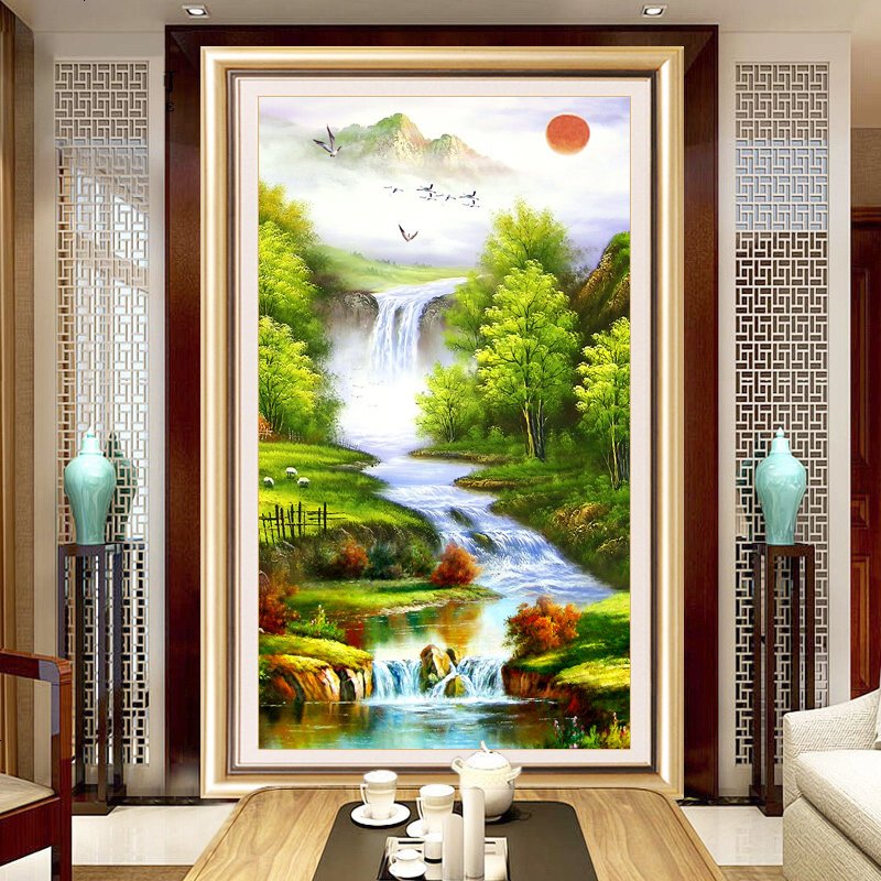 钻石画满钻新款流水生财竖版玄关山水风景画钻石绣十字绣2018新款
