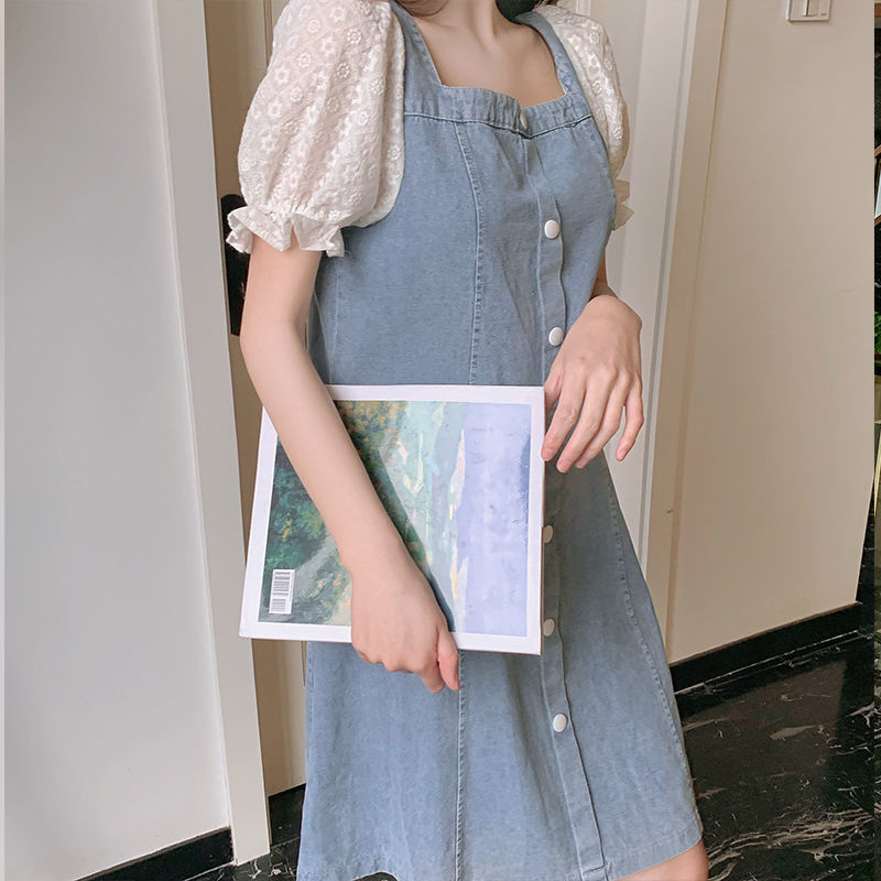 美动态大码女装蕾丝袖拼接牛仔连衣裙2022新款胖mm藏肉显瘦牛仔裙