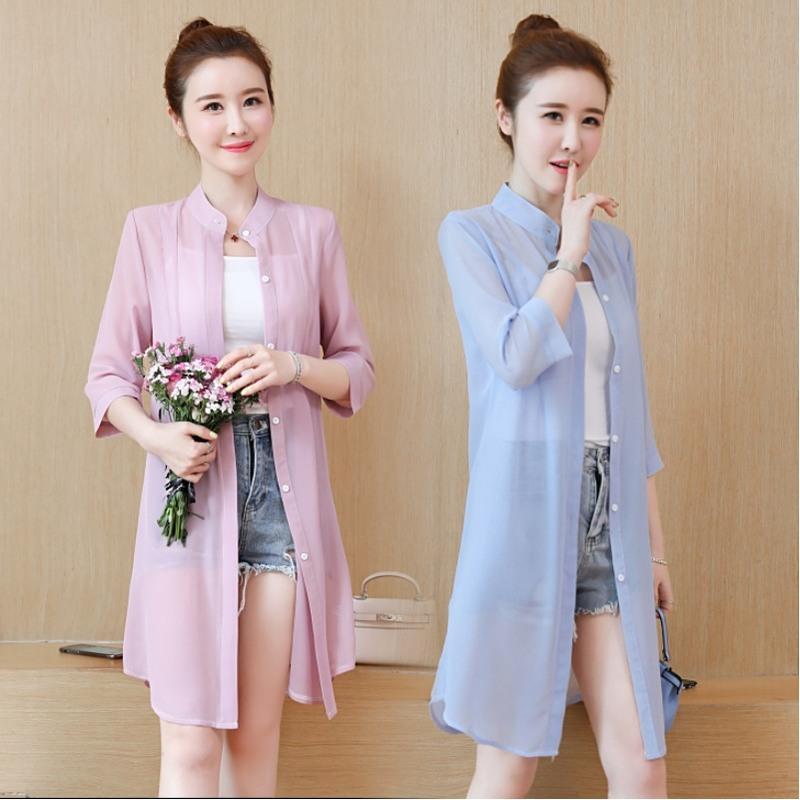 防晒衣女中长款沙滩夏新款雪纺开衫披肩空调衫薄外套浅灰色s建议93斤