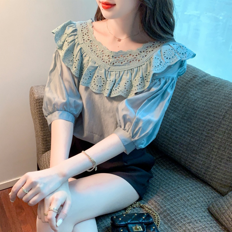 2022夏季新款泡泡袖荷叶边蕾丝衫上衣重工衬衫气质小衫仙女
