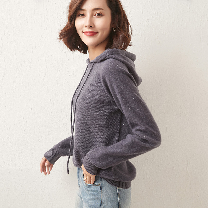 雪米贝奴羊毛衫女秋季新款针织连帽羊毛卫衣秋冬毛衣宽松带帽上衣外穿