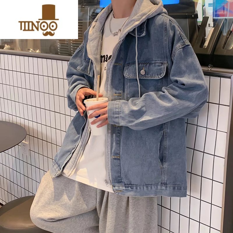 YANXU痞帅牛仔夹克男秋季潮牌ins连帽宽松百搭外套潮流韩版假上男高清大图