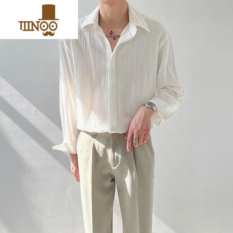 YANXU褶皱肌理衬衫男士春季新款长袖宽松休闲寸衫韩版潮流免烫垂感衬衣