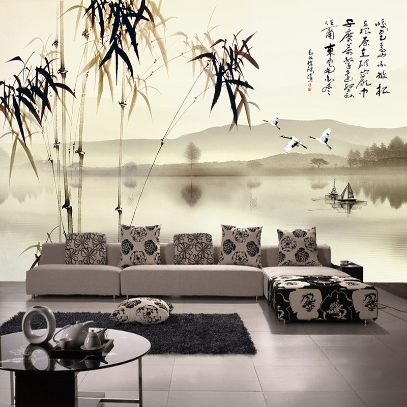 无缝3d中式水墨山水定制壁画中国风竹子诗词电视背景墙壁布墙纸壹德壹