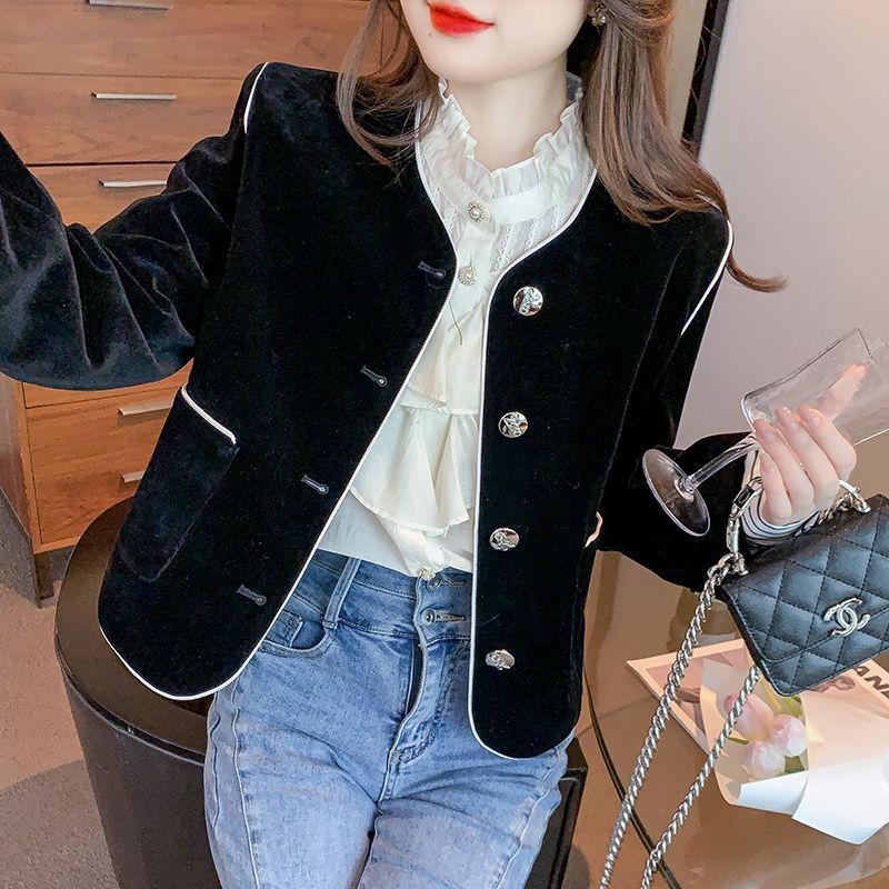 权小威小香风外套女秋冬黑色设计感小众名媛风撞色气质高级感短款西装