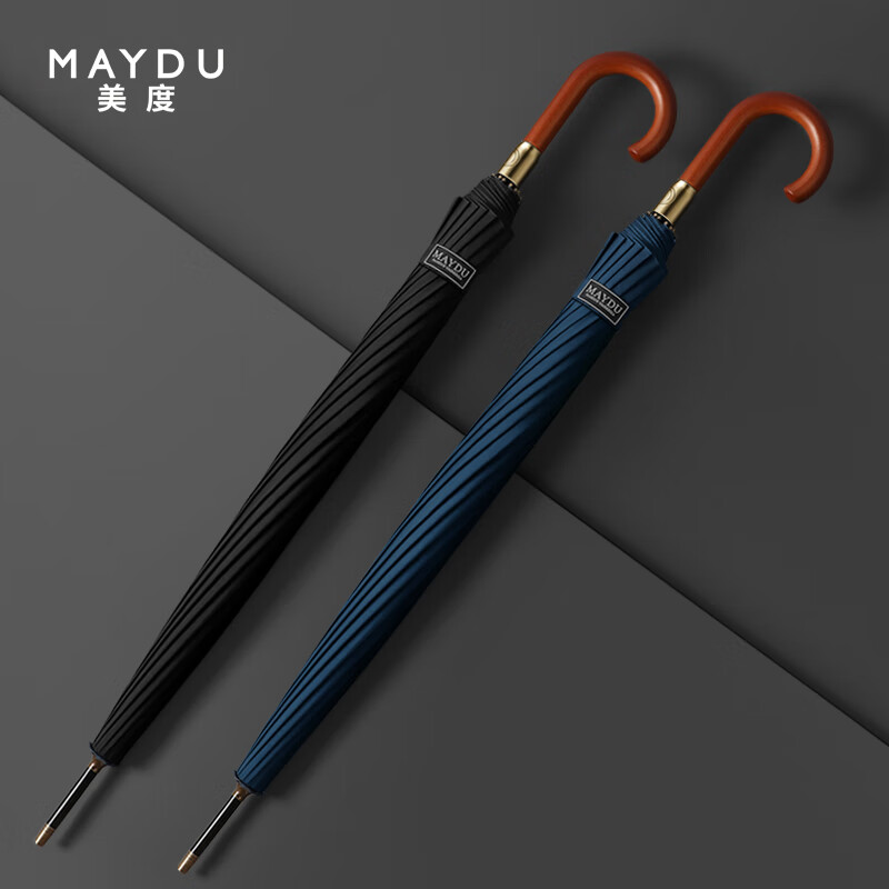 美度(MAYDU)商务长柄雨伞加大加固直杆伞大号超大日系弯钩木柄伞M8002藏青色高清大图