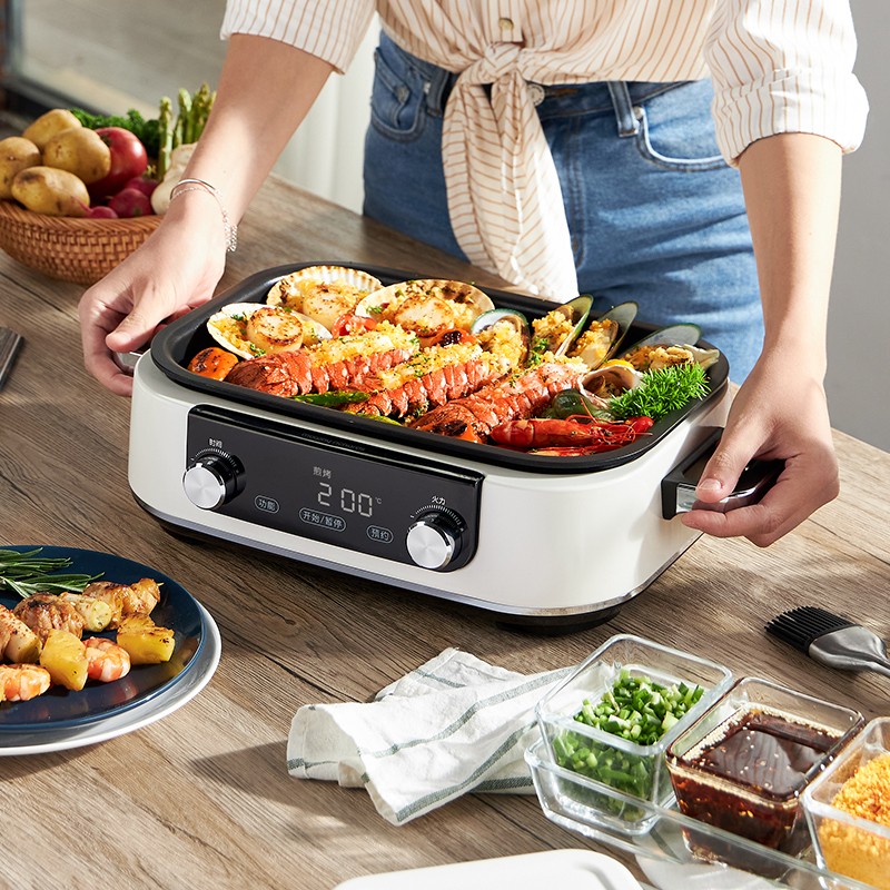 摩飞电器 多功能锅 家用电火锅电蒸锅 5升可预约 大功率分体式蒸煮一体不沾煎烤料理锅 MR9099标配 椰奶白