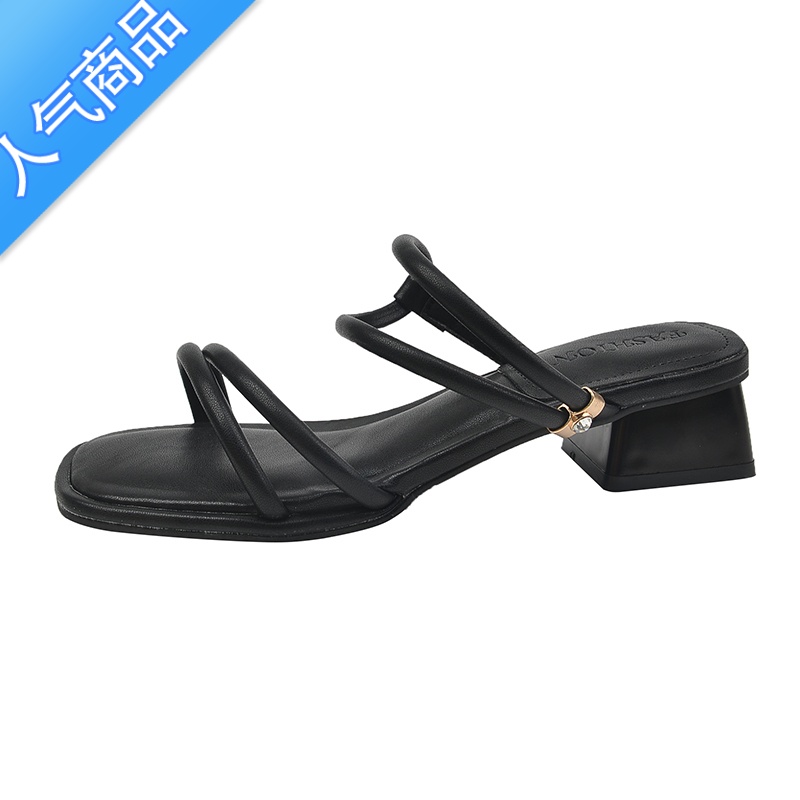 SUNTEK高跟凉鞋女款夏季2023新款时尚一字带法式配裙粗跟罗马鞋两穿凉拖高清大图