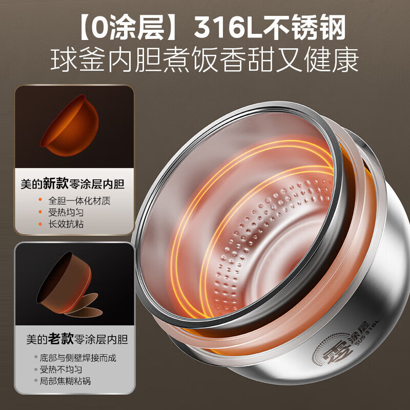 美的(Midea)无涂层0涂层电饭煲电饭锅 4升 IH电磁加热 不锈钢内胆智能电饭煲MB-HC459S(3-8人)