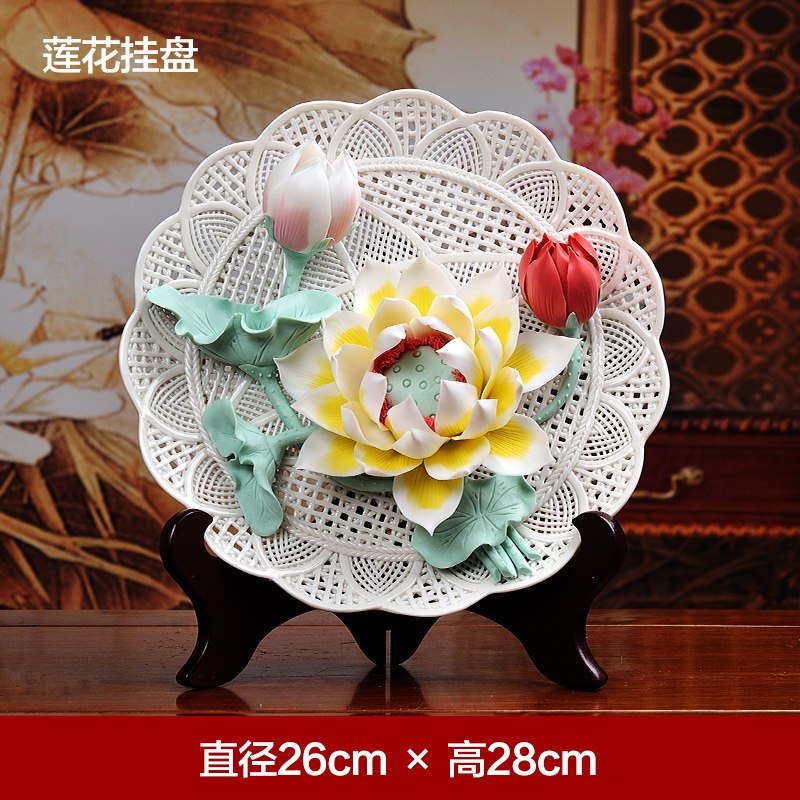 三维工匠陶瓷手工牡丹花挂盘艺术摆件 新中式客厅装饰工艺品乔迁新居礼品 三维 D54-22B莲花挂盘[每一朵花都是手工捏制