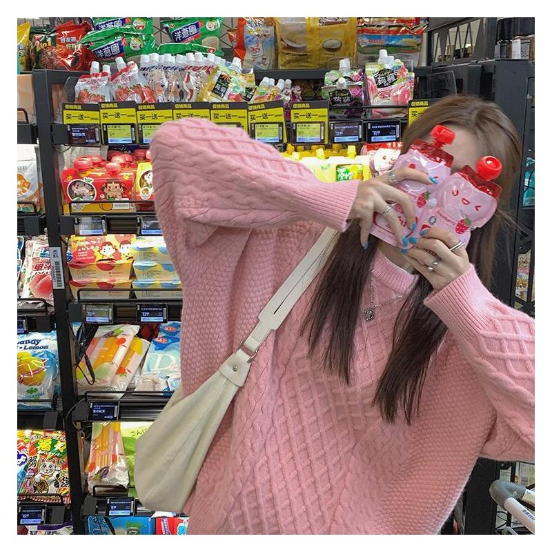 蓝色套头毛衣女大码宽松外穿秋冬季温柔风加厚保暖色针织上衣潮