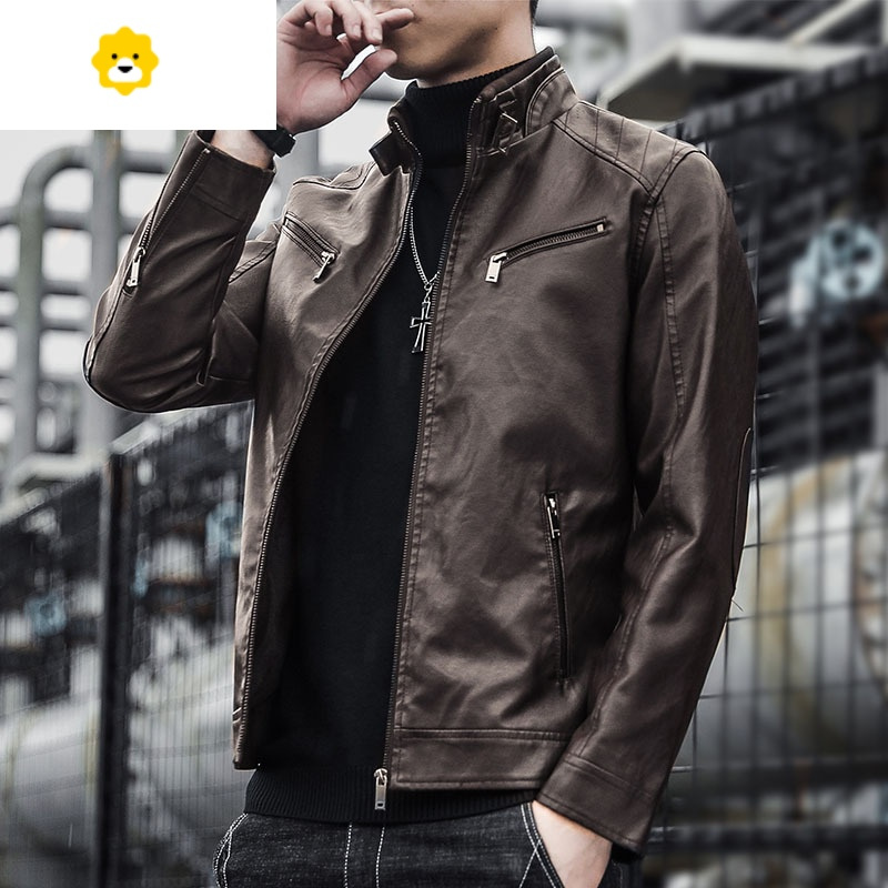 fishbasket立领皮衣男士2023春秋季新款潮流上衣服男装加绒加厚冬季工