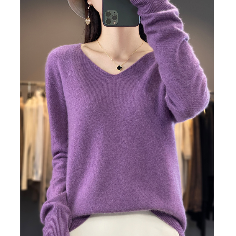 免费试穿 秋冬新款V领羊绒衫春秋新款针织衫瘦身上衣慵懒毛衣女春秋针织上衣服打底衫秋冬内搭大码显瘦洋气打底衫女高清大图