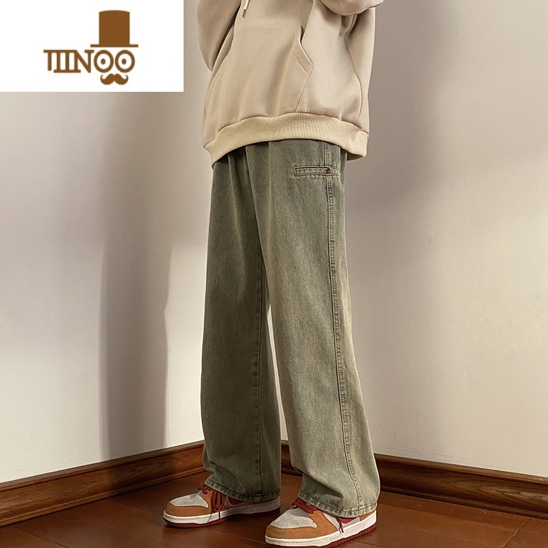 YANXU黄泥色牛仔裤男日系水洗做旧潮牌美式高街百搭宽松直筒休闲长裤Y高清大图