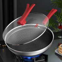 康巴赫 炒锅316L不锈钢炒菜锅不粘锅32cm经典红双面蜂窝配三件套(带刀铲勺+蒸屉) KG-TM1596 单套价
