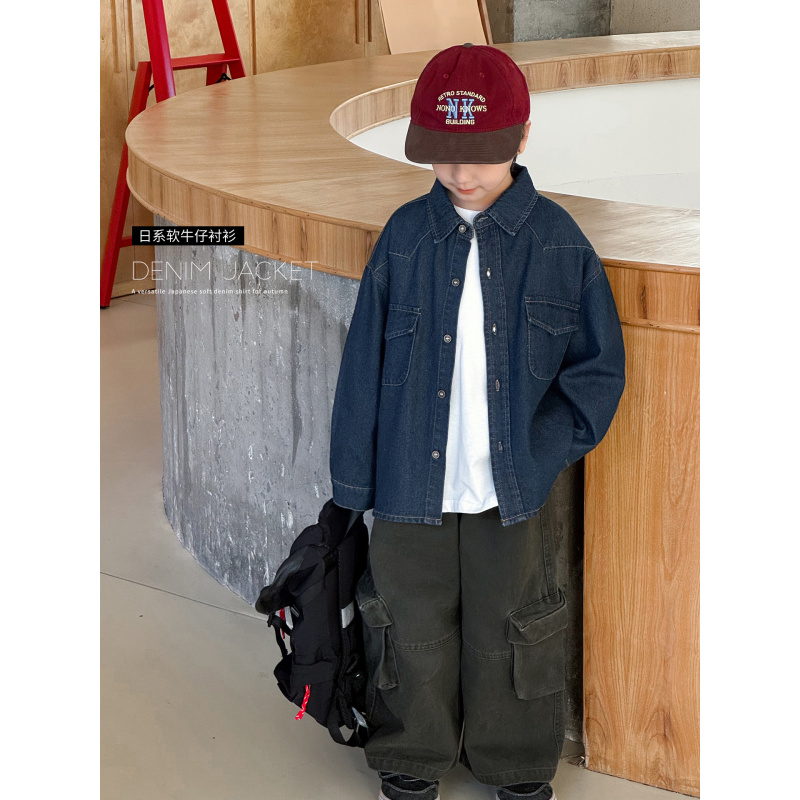 童酷男童秋季新款日系净色宝宝衬衣潮酷百搭翻领牛仔儿童衬衫