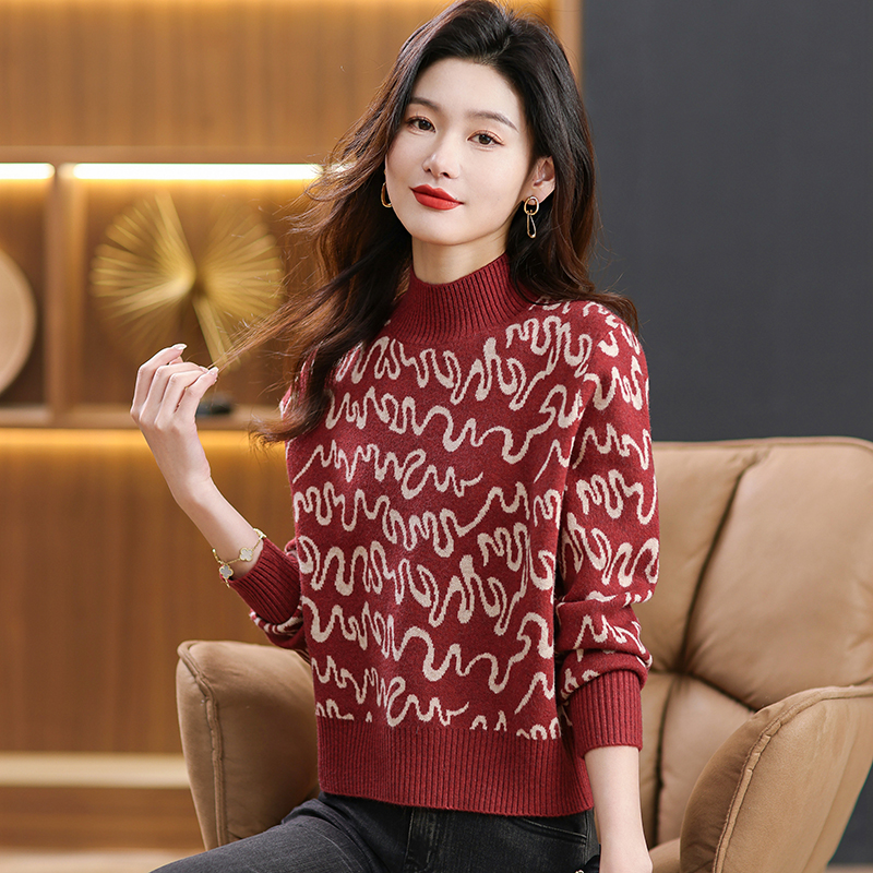 鄂尔多斯市羊绒衫女士100%羊毛衫女秋冬装保暖针织打底衫宽松大码半高领套头百搭毛衣女装冬毛衣套头宽松大码显瘦羊绒打底衫 XL适合115-125斤 366红色