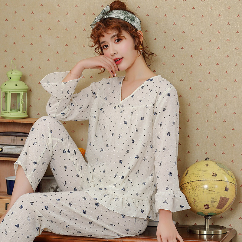 波迷娜(BOMINA)女式睡衣套装春夏款2021女式时尚印花睡衣两套季简约新款服薄款套装女