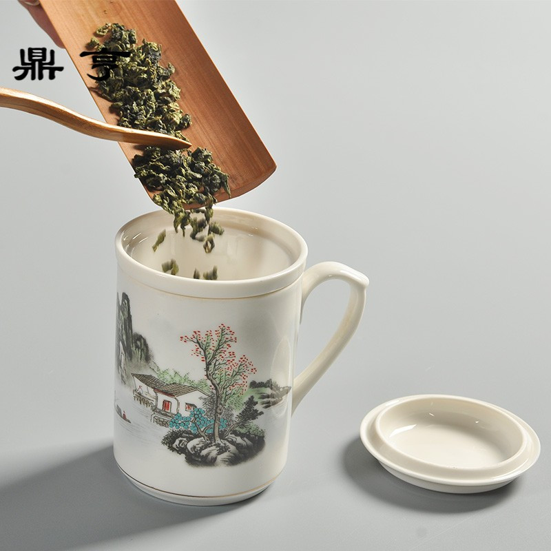 鼎亨德化玉瓷陶瓷三件杯茶杯带盖过滤网内胆水杯家用办公杯马克杯