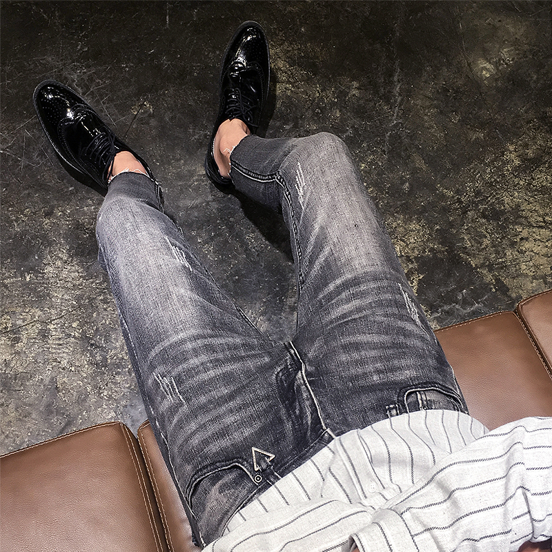 2018春夏年轻男士韩版修身小脚牛仔九分裤男磨破毛边青年潮男裤子