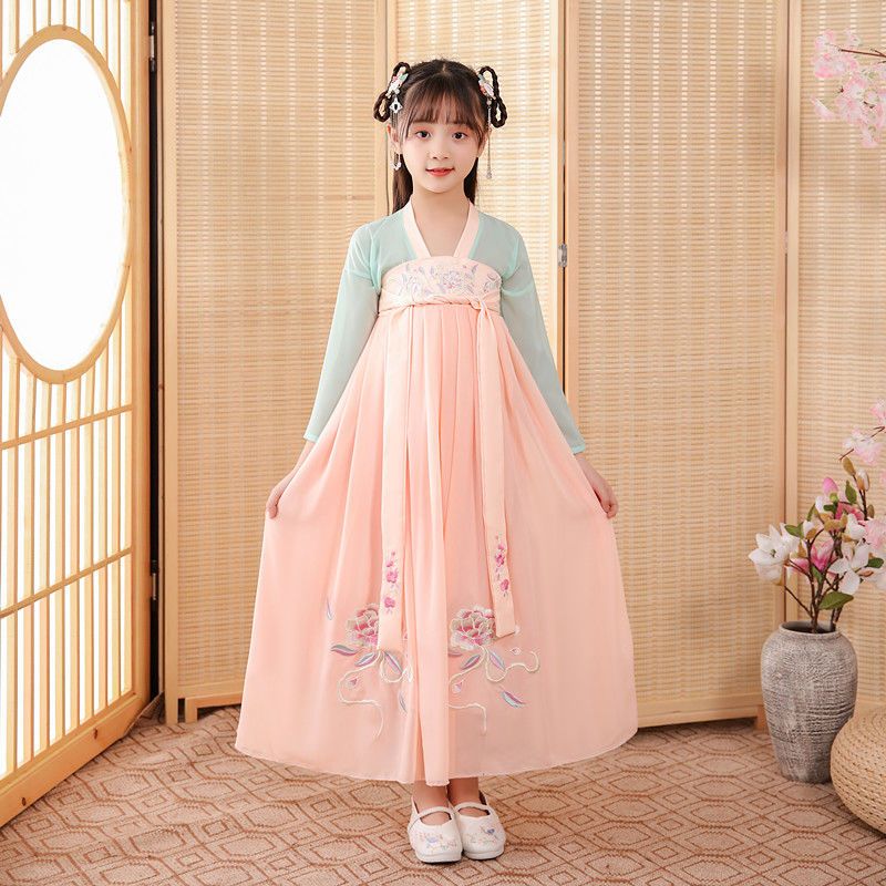 儿童汉服女童古装新款齐胸襦裙刺绣仙女纱裙粉色浅绿色上衣粉色纱裙