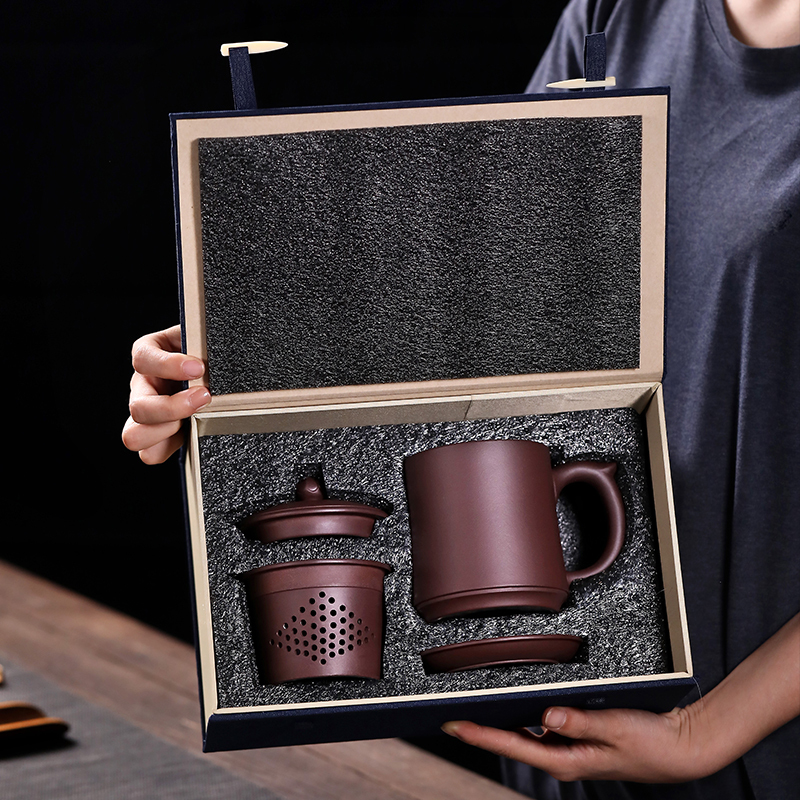 金镶玉 凌小明老师手作 宜兴紫砂杯 手工原矿茶杯带过滤四件套功夫茶具茶缸送礼礼盒装400cc 凌小明富贵莲花紫砂杯