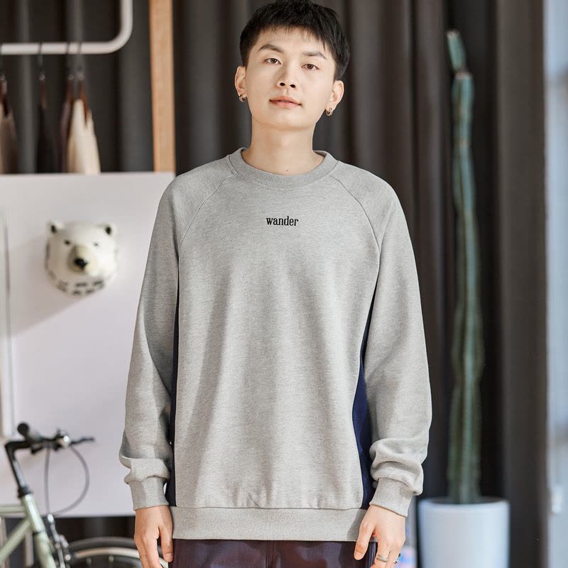 唐狮春秋季新款圆领卫衣男士灰色拼接长袖套头潮牌外套上衣服图片