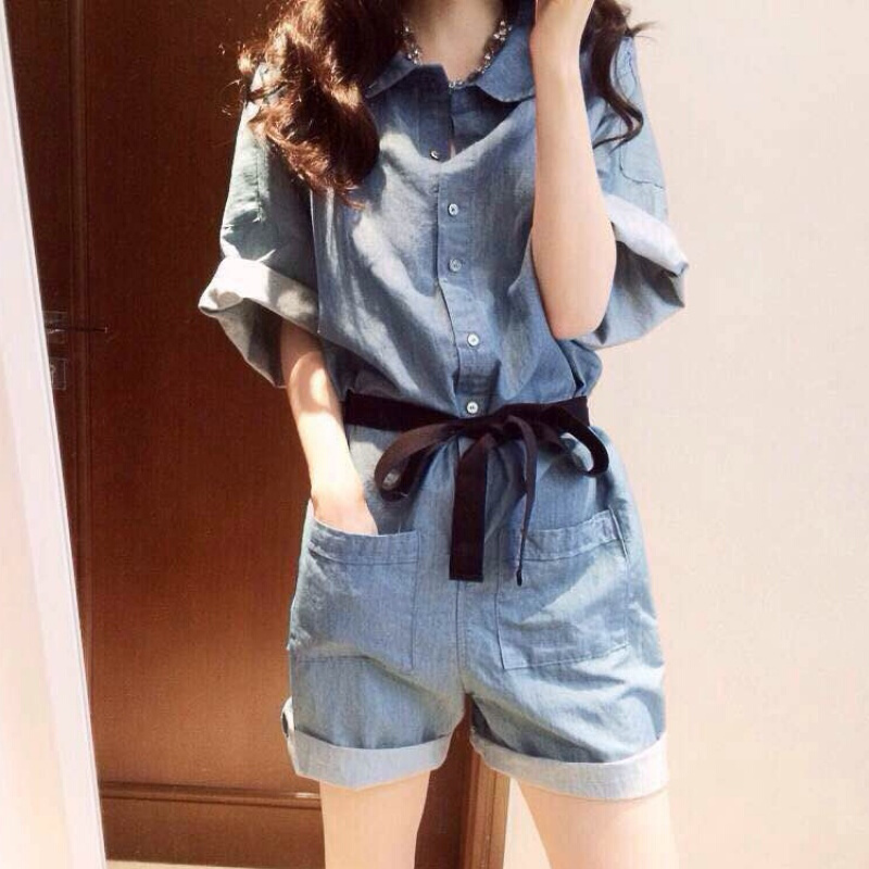 大码连体裤女夏2018春装新款女高腰韩版宽松阔腿裤牛仔裤短裤套装浅蓝色(送腰带)宽松显瘦~百搭款