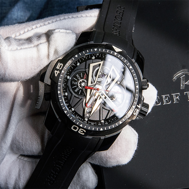 瑞夫泰格(REEF TIGER)军表大表盘手表男士全自动机械表男表防水厚重手表时尚概念潮流腕表 RGA3591 黑壳黑面胶带