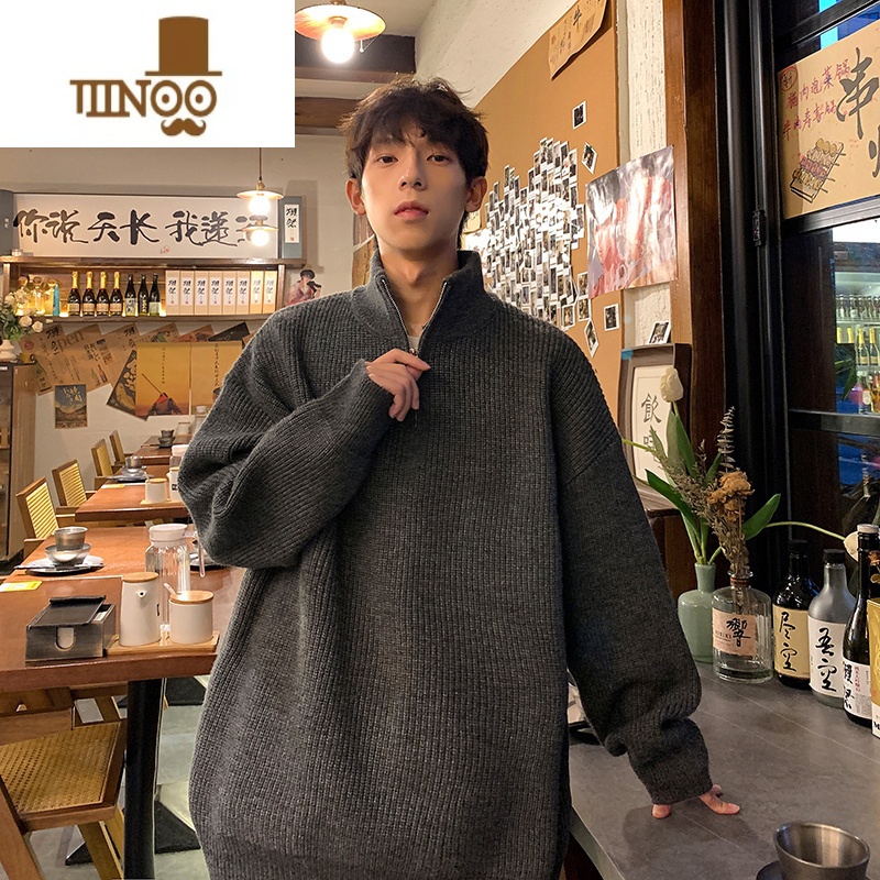 YANXU半拉链高领毛衣男士新款日系复古潮牌针织衫休闲纯色线衣外套高清大图