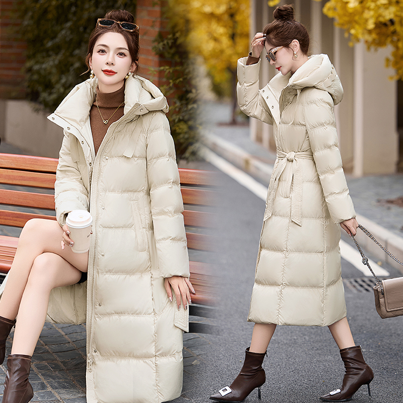 高端欧货羽绒服女冬季2024新款过膝90白鸭绒高级感加厚中长款保暖外时尚羽绒服秋冬新款宽松大码冬季羽绒服女女款加厚外套冬 36868米白蓬松90绒 M