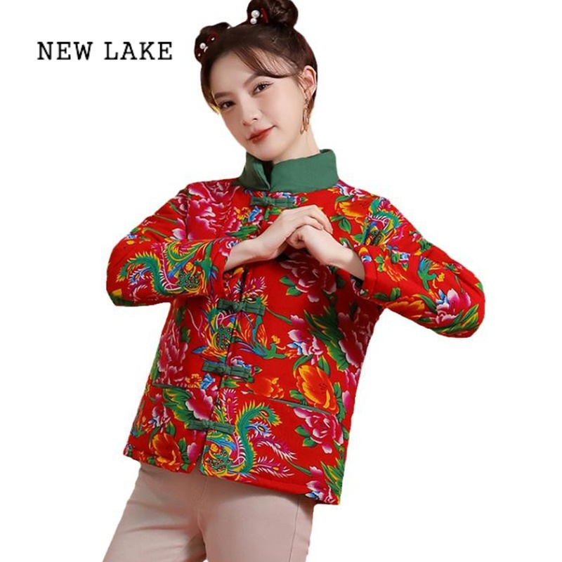 new lake东北大花棉袄女士短款中式盘扣棉服女冬季夹棉加厚外套民族风