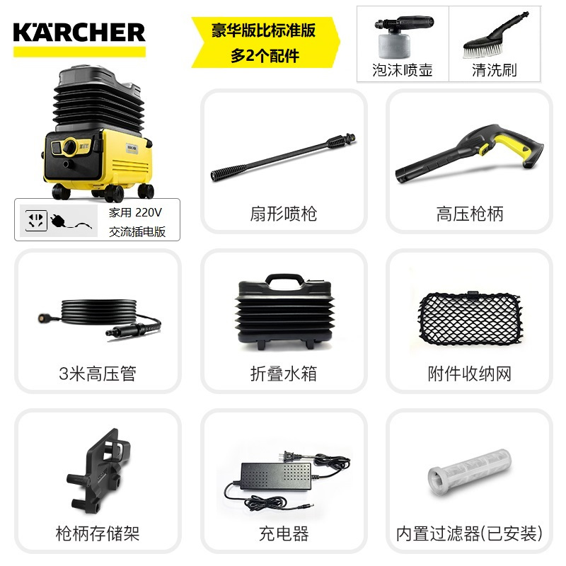 凯驰集团德国KARCHER卡赫家用高压便携自带折叠水箱清洗机洗车机K 2 Follow Me Premium豪华交流电版