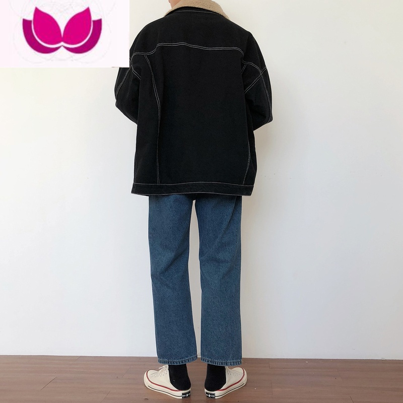 七斓19studio 韩国ulzzang显瘦九分裤中高腰阔腿宽松直筒牛仔裤男女潮