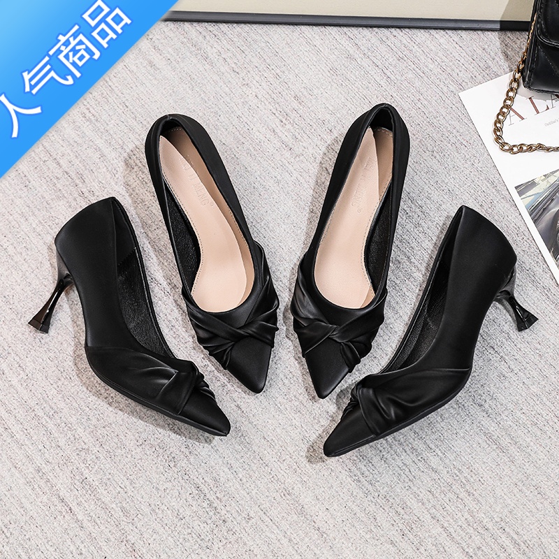 SUNTEK黑色高跟鞋女细跟尖头单鞋2023年春季新款工作职业软底蝴蝶结百搭高清大图