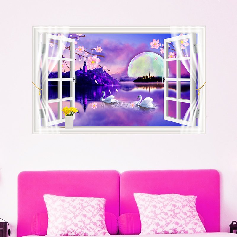 创意墙贴纸玄关楼梯餐厅客厅沙背景墙壁纸梦幻风景画窗户