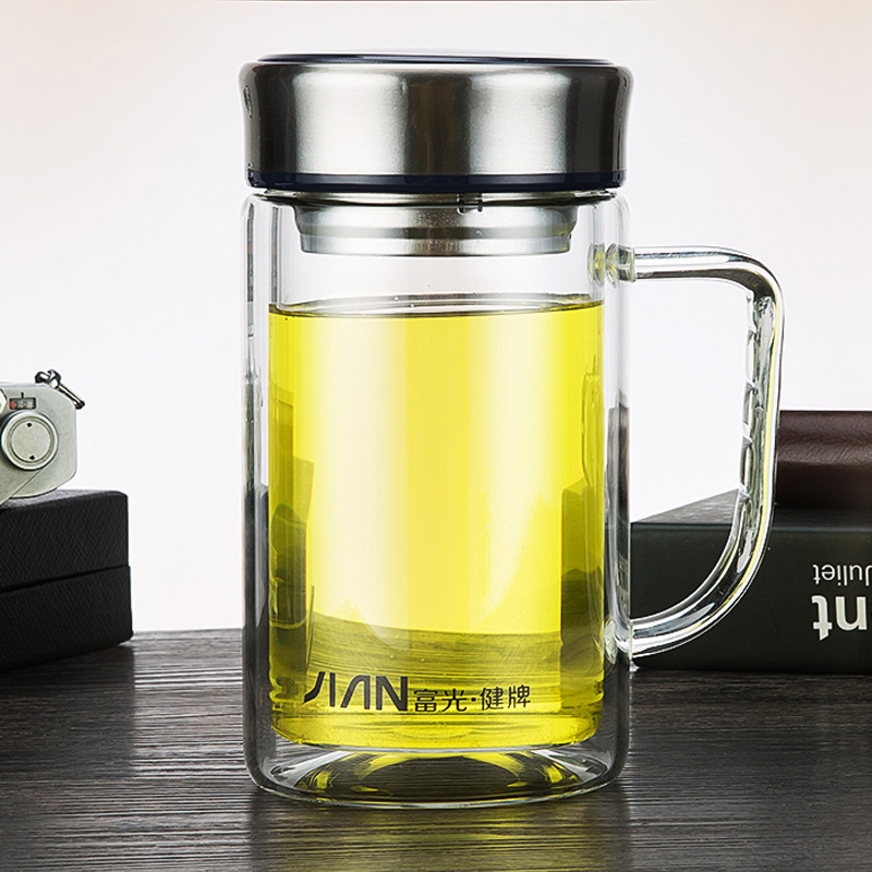 富光 健牌380ml带把双层玻璃杯 便携水杯带盖过滤茶杯办公杯TC-175 (个)