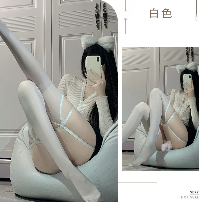 硕遥情趣丝袜女欧美性感捆绑吊带一体袜过膝袜油光黑丝超薄长筒袜 白腿+白带