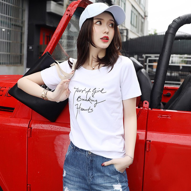 白色英文字母t恤女短袖夏季2018新款韩范宽松纯棉印花简约打底衫白色